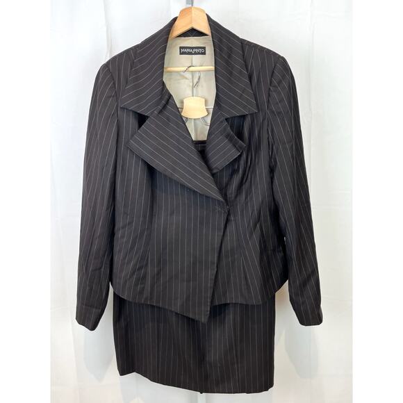 MARIA PINTO Size 16 Two Piece Suit Jacket Straight Skirt Pinstripe Kona Brown - Picture 14 of 16